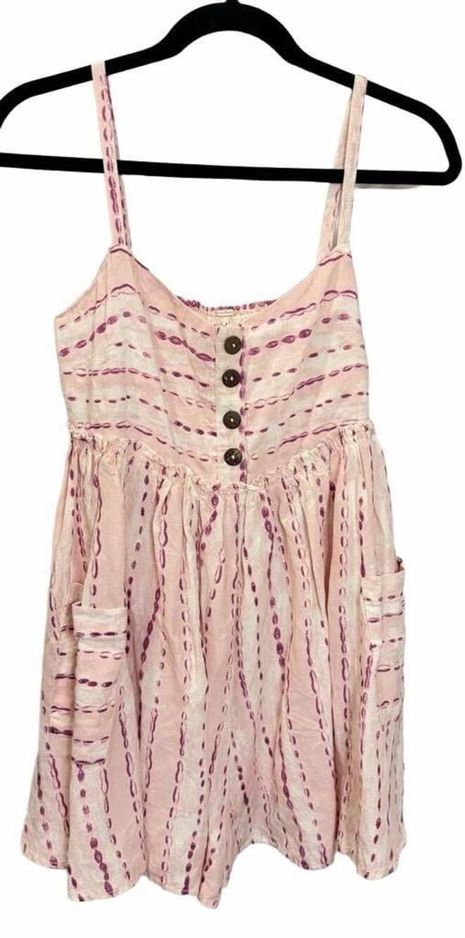Free People Women’s Small Pink Tie Dye Linen Blend Babydoll Mini Romper